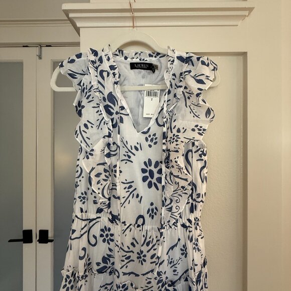 NWT Lauren Ralph Lauren Floral Cotton Voile Tiered Maxi Dress, blue & white sz 2 - Picture 6 of 8